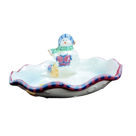 Luster Candy Dish With Attached Snowman Christmas Dish Winter 7" - Picture 5 of 6